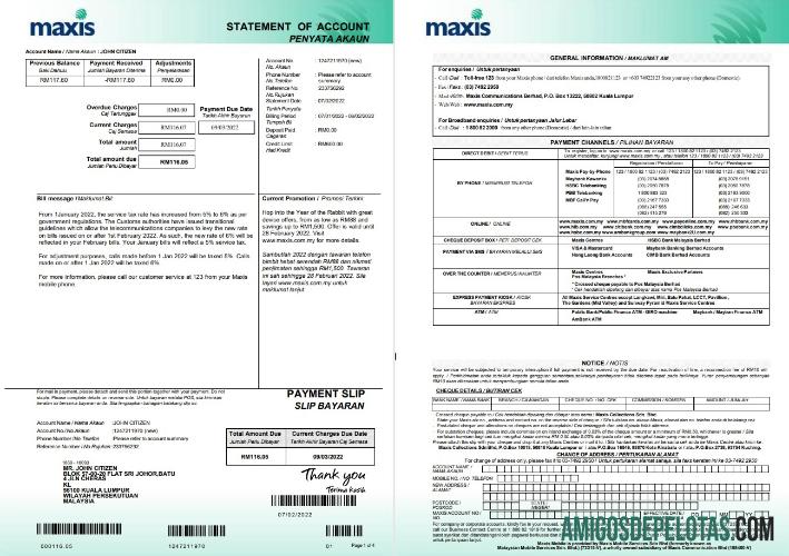 Extrato bancário Maxis da Malásia modelo de 5 páginas